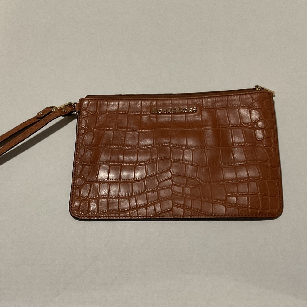 Michael Kors Tan Crocodile-Pattern Wristlet